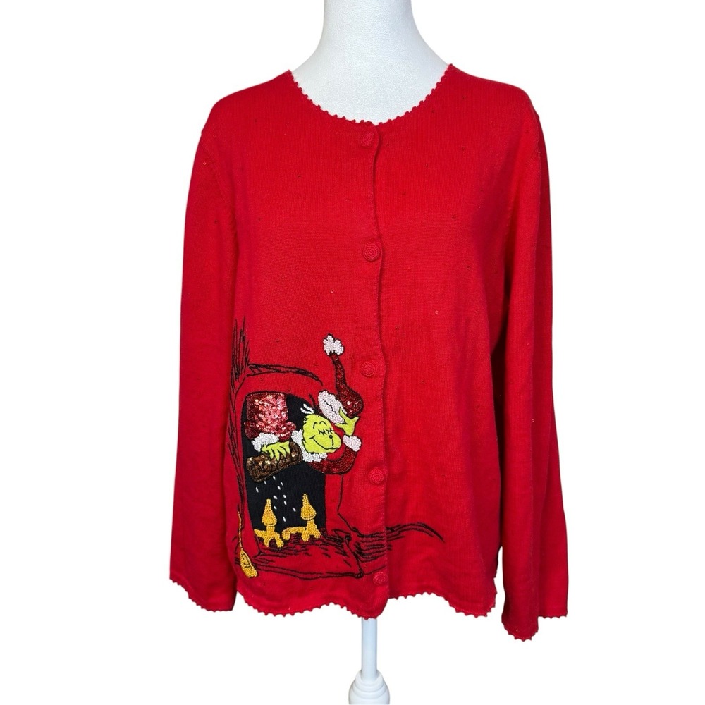 Vtg Michael Simon Dr Seuss Grinch Christmas Sweater XL Beaded Fireplace Novelty